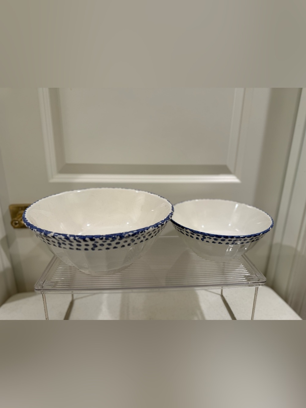Vintage Pottery Barn Serving Bowls with Blue Speckled Rim Set ~ Made in Italy